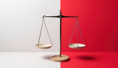 A classic balance scale with empty pans is positioned against a split white and red background, symbolizing justice, fairness, and equality.