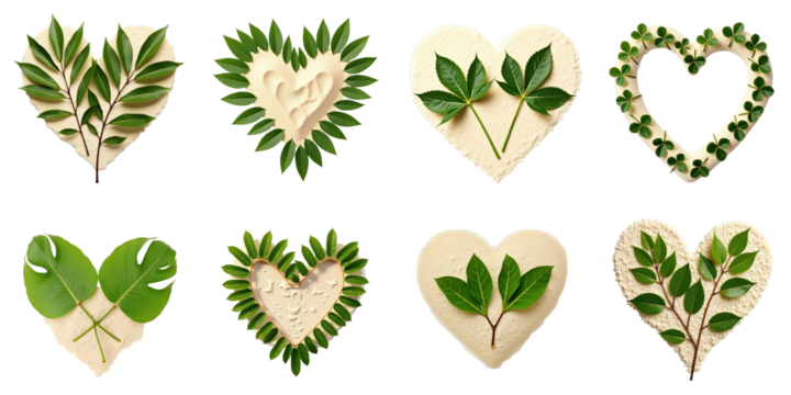 Heart-shaped arrangements of various green leaves on a transparent background showcasing different sizes and styles of heart designs crafted from natural elements