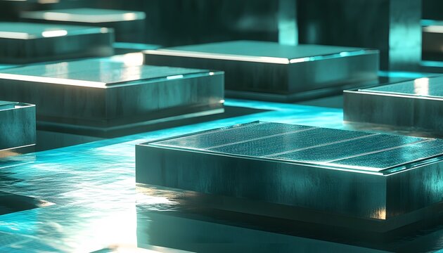 Abstract geometric shapes in teal and metallic tones.