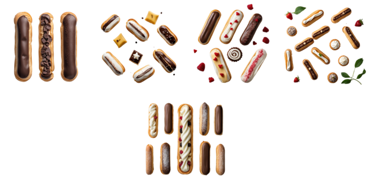 Assorted eclairs and pastries arranged in a decorative layout on a transparent background featuring various toppings like chocolate, cream, and fruit elements.