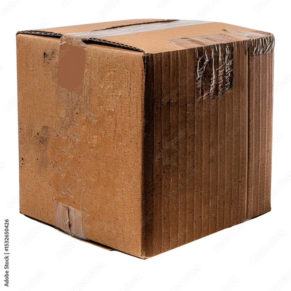 Aufkleber cardboard box with slightly worn surface, featuring tape on edges and simple design. this box is ide