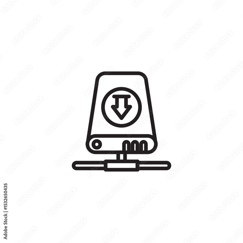 Aufkleber an icon representing data download or file transfer, featuring a portable hard drive connected to a 