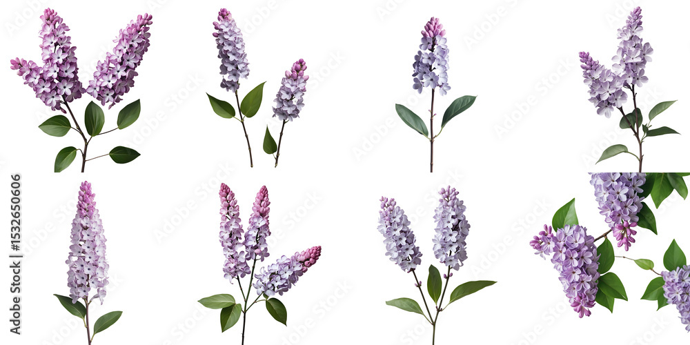 Poster multiple clusters of lilac flowers with green leaves arranged in various orientations on a transpare