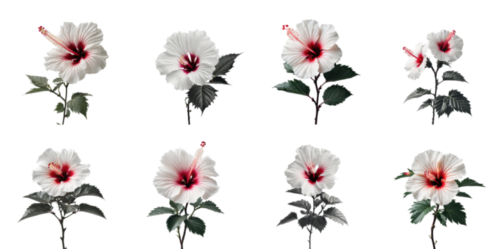 Collection of eight variations of Hibiscus sinensis flowers, featuring white petals and red centers, isolated on a transparent background showcasing different orientations and leaf arrangements.