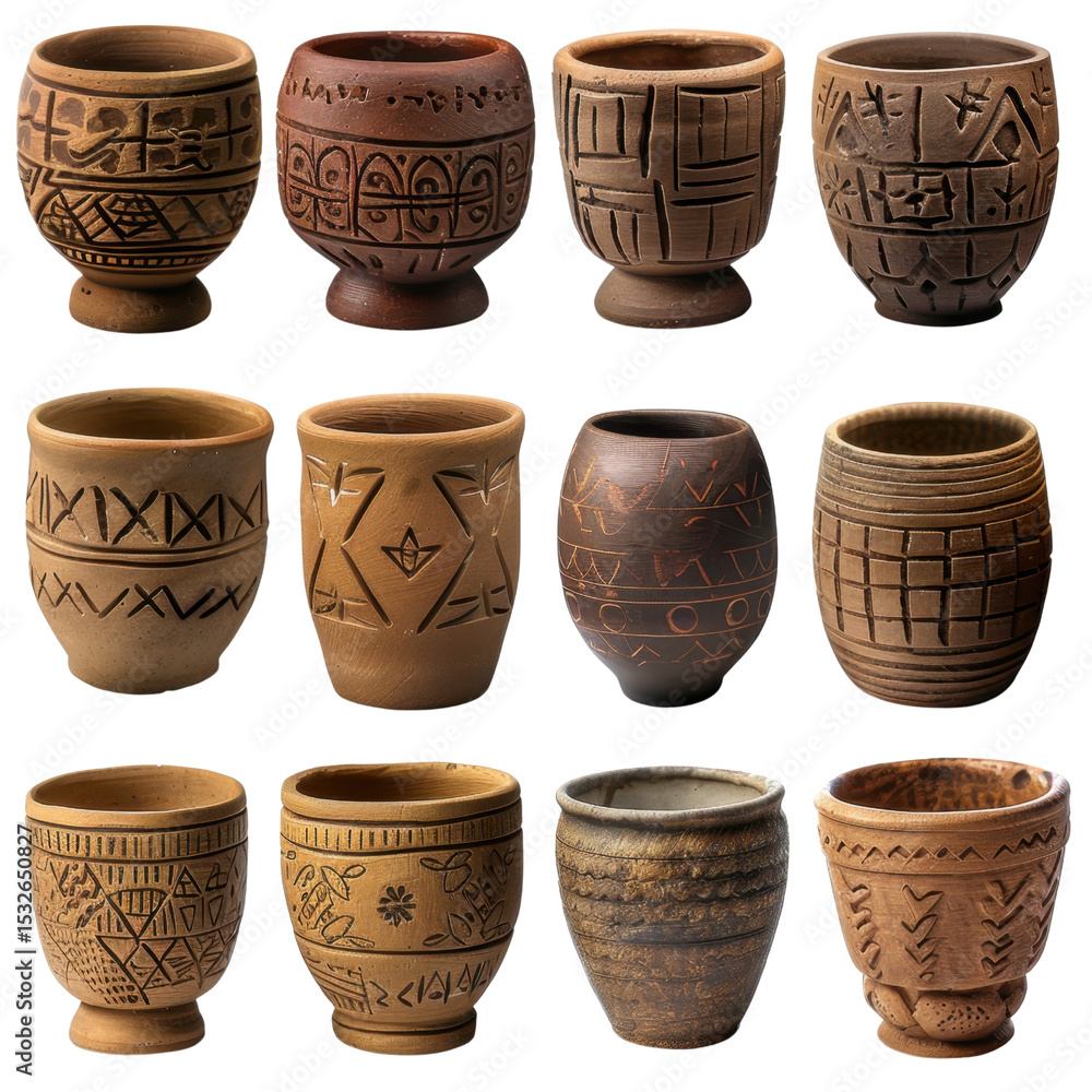 Poster handcrafted pottery collection featuring various designs and textures, showcasing unique patterns an