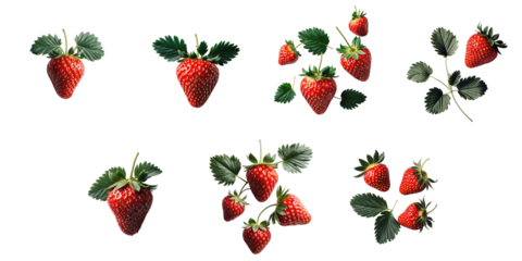 Collection of fresh ripe strawberries with green leaves isolated on transparent background arranged in various positions for culinary or graphic design use