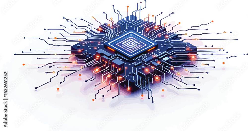 Poster abstract digital illustration of a complex central processing unit circuit board design.