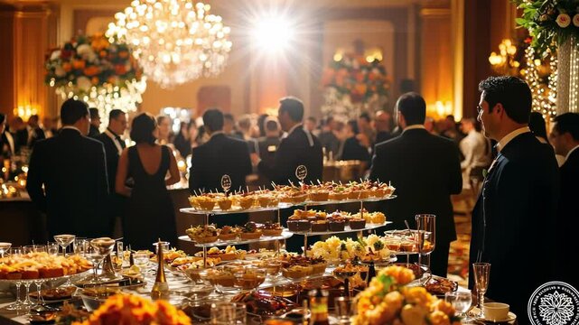 Elegant reception at a gala with catering, with group of people, food, flowers, and champagne.