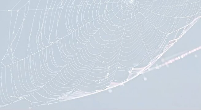 Close up of spider web with dew on white background, minimalist element for creative designs