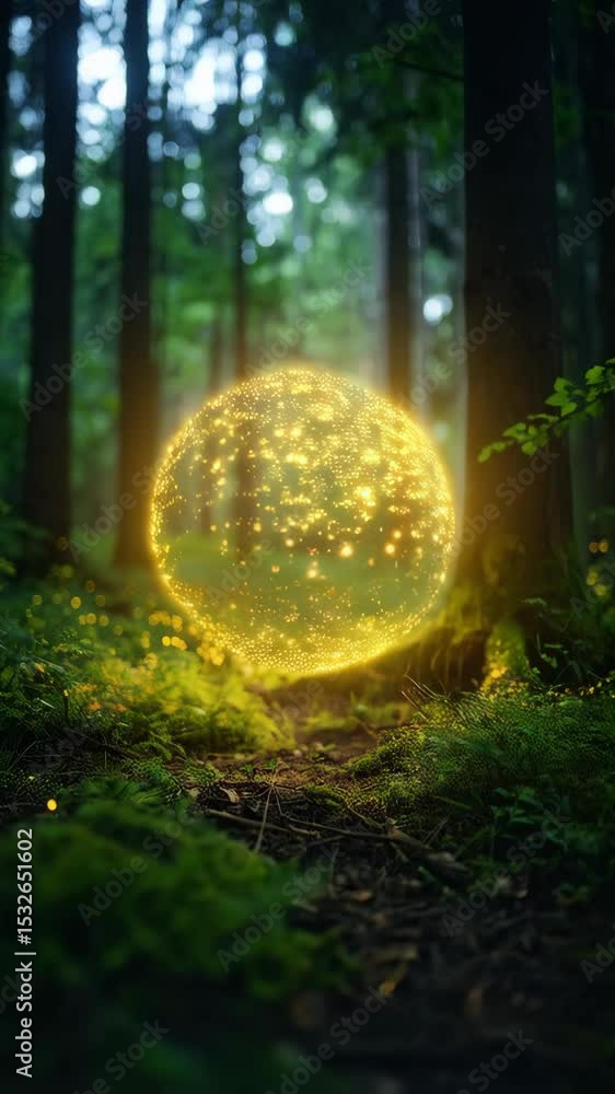 Poster mystical glowing orb illuminates a forest path through mossy foliage and towering trees, creating an