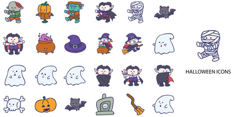 Halloween simple concept 28 Hand Drawn Color icons set. Vector illustration.