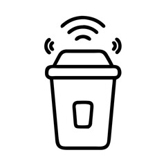 Line icon of a smart trash bin equipped with wireless connectivity for smart waste management, monitoring, and automation systems.
