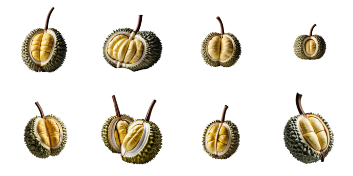 Various angles of Musang durian fruit displayed on a transparent background showcasing its unique spiky outer shell and creamy yellow flesh inside isolated on transparent background