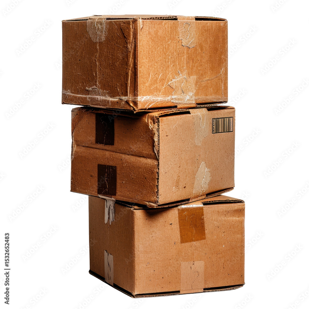 Poster stacked cardboard boxes in various sizes, showcasing worn and used appearance. these boxes are ideal