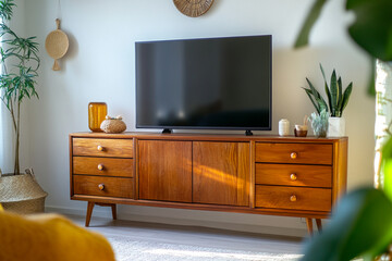 Modern Living Room Interior with Mounted TV, Neutral Tones, and Minimalist concept home media cozy