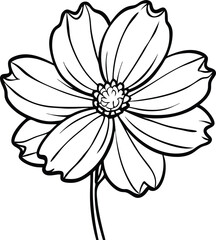 Black and White Cosmos Flower Outline Illustration with Stem and Detailed Center