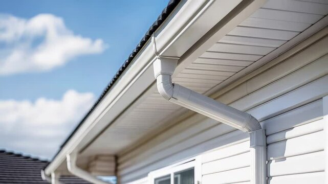 Rainwater streaming down metal gutter, pouring from sloped roofline during intense storm, efficiently channeling runoff along house exterior