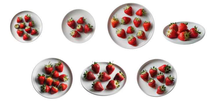 Various arrangements of ripe strawberries displayed on circular white plates isolated on a transparent background showcasing different quantities and perspectives of strawberries