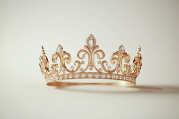 Elegant Gold Crown with Ornate Design and Embedded Diamonds on White Background