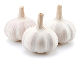 Three whole garlic bulbs against white