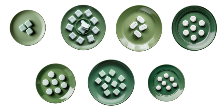 Collection of green plates displaying various dishwasher detergent tablets arranged in different patterns with a transparent background isolated on transparent surface.