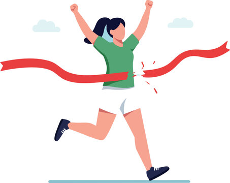 Woman crossing finish line running race victorious celebration vector illustration 