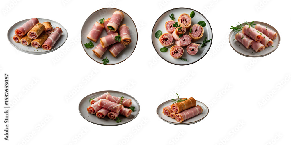 Poster assortment of pork ham roll appetizers presented on various plates with garnish isolated on transpar