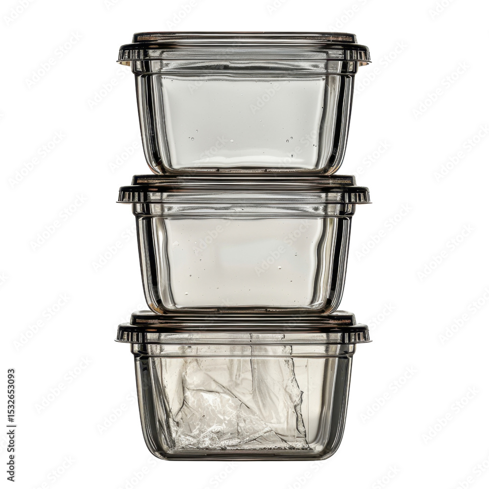 Poster stacked transparent food storage containers with lids, showcasing modern design. ideal for organizin