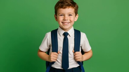 Smiling Schoolchild in Uniform with Backpack in Front of Green Screen for Educational Campaign

