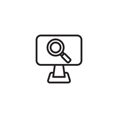 An icon symbolizing a computer search or data analysis, featuring a monitor displaying a magnifying glass, representing digital investigation or troubleshooting.