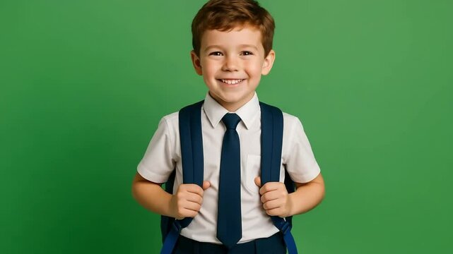 Smiling Schoolchild in Uniform with Backpack in Front of Green Screen for Educational Campaign