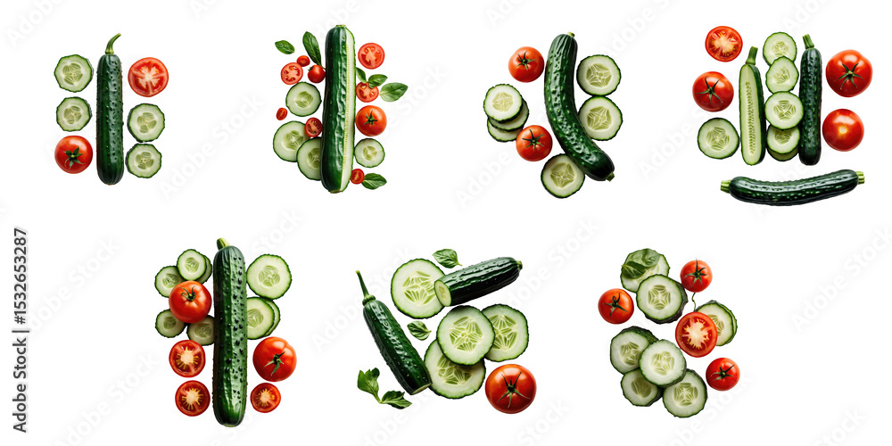 Poster sliced cucumbers and tomatoes arranged artistically on a dark background showcasing modern vegetable