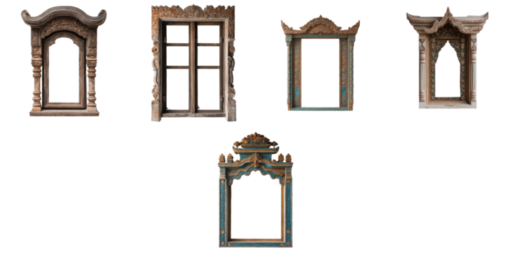 Thai traditional architectural wooden window frames with intricate carvings and designs isolated on a transparent background highlighting various styles and shapes.