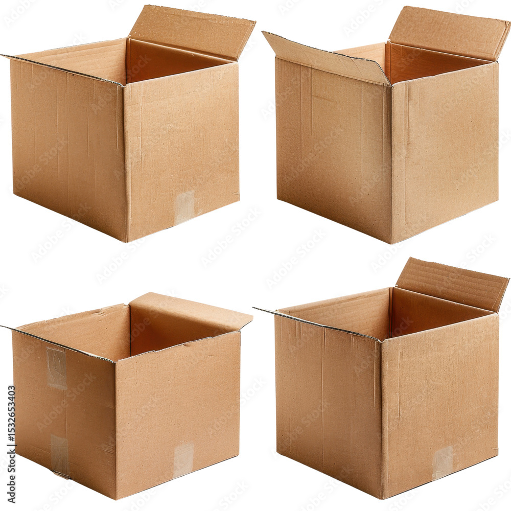Poster empty cardboard boxes are arranged grid, showcasing various angles and open flaps. these versatile c