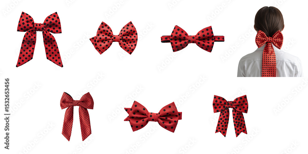 Poster red hair bow ties with transparent polka dots in various styles and arrangements isolated on transpa