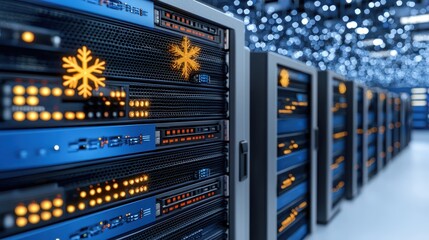 Modern Data Center Servers with Orange Lights and Snowflake Cooling Graphic