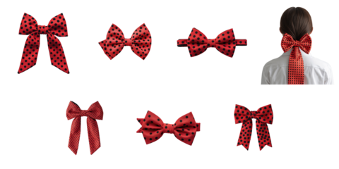 Red hair bow ties with transparent polka dots in various styles and arrangements isolated on transparent background with a person wearing one at the right.