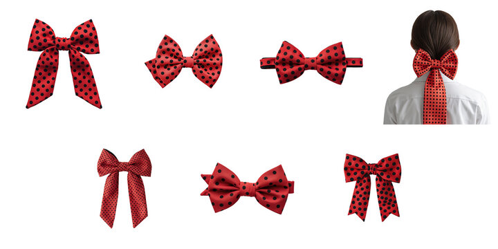 Red hair bow ties with transparent polka dots in various styles and arrangements isolated on transparent background with a person wearing one at the right.