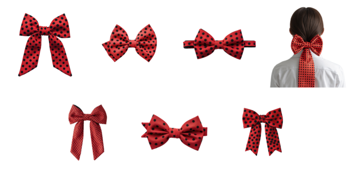 Red hair bow ties with transparent polka dots in various styles and arrangements isolated on transparent background with a person wearing one at the right.