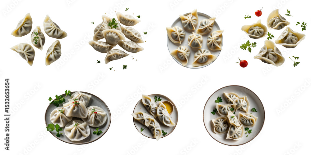 Aufkleber georgian khinkali dumplings arranged on plates and isolated on a transparent background with variati