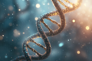 Abstract digital representation of DNA double helix with glowing particles and futuristic network connections in dark background
