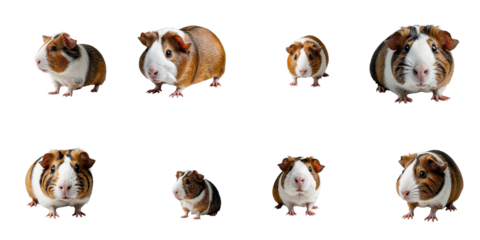 Collection of guinea pigs arranged in various poses, each isolated on a transparent background showcasing their distinctive fur patterns and features.