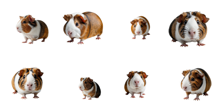 Collection of guinea pigs arranged in various poses, each isolated on a transparent background showcasing their distinctive fur patterns and features.