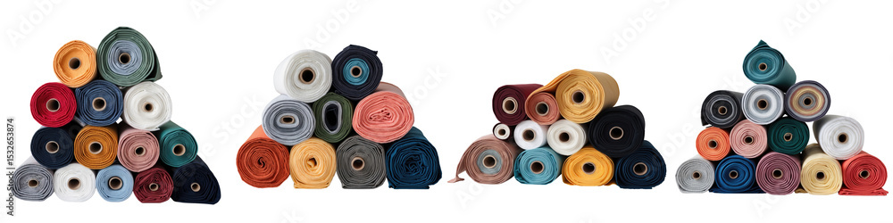 Poster stack of assorted fabric rolls in various colors arranged in groups isolated on a transparent backgr