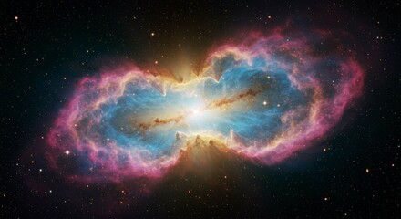 A vibrant, cosmic nebula displays a striking, symmetrical, hourglass shape with glowing gases in pink, blue, and gold hues against a dark, star-studded backdrop