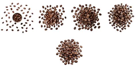 Various roasted coffee beans isolated on a transparent background displaying different arrangements and groupings of the beans for visual effect and comparison.