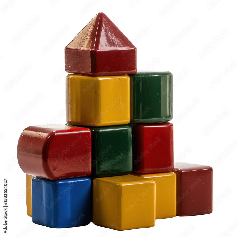 Poster colorful building blocks arranged in playful structure, showcasing various shapes including cubes an