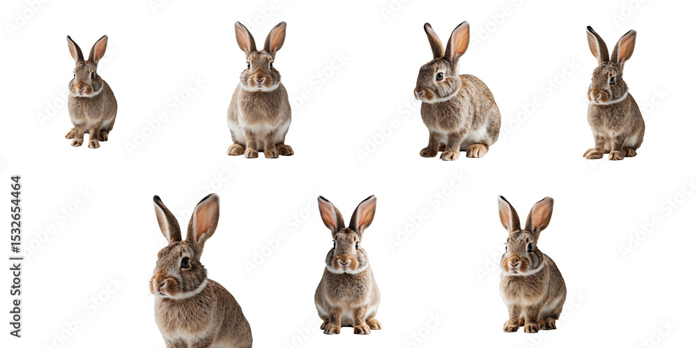 Poster multiple rabbits of different poses and angles isolated on a transparent background showcasing detai