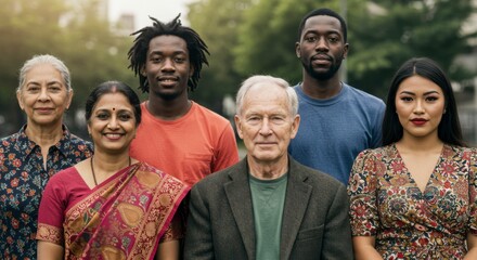 Diverse group of adults,  smiling, stand together outdoors.  Representing various ages, ethnicities, and cultures