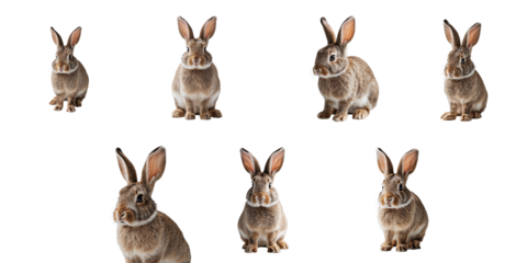 multiple rabbits of different poses and angles isolated on a transparent background showcasing detailed fur texture and color variations